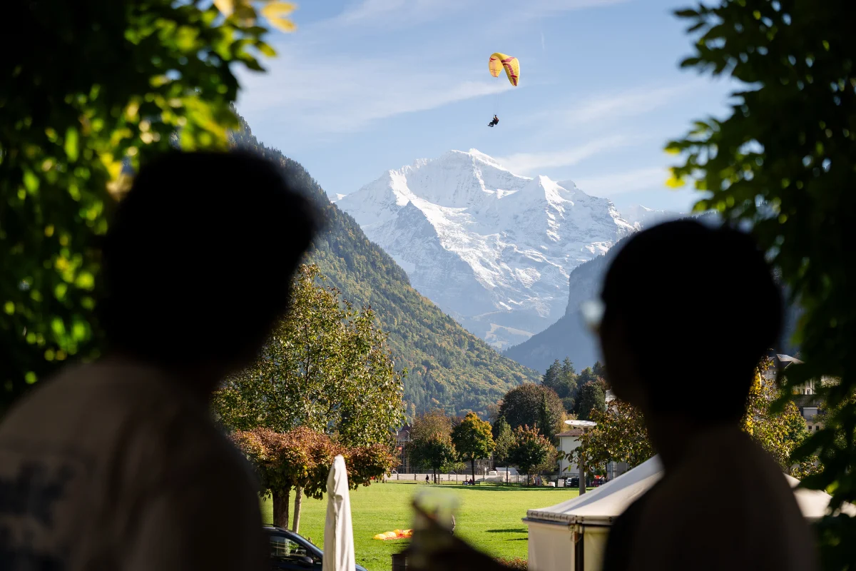 Two people look toward a paraglider soaring above a snow-covered mountain framed by trees.
