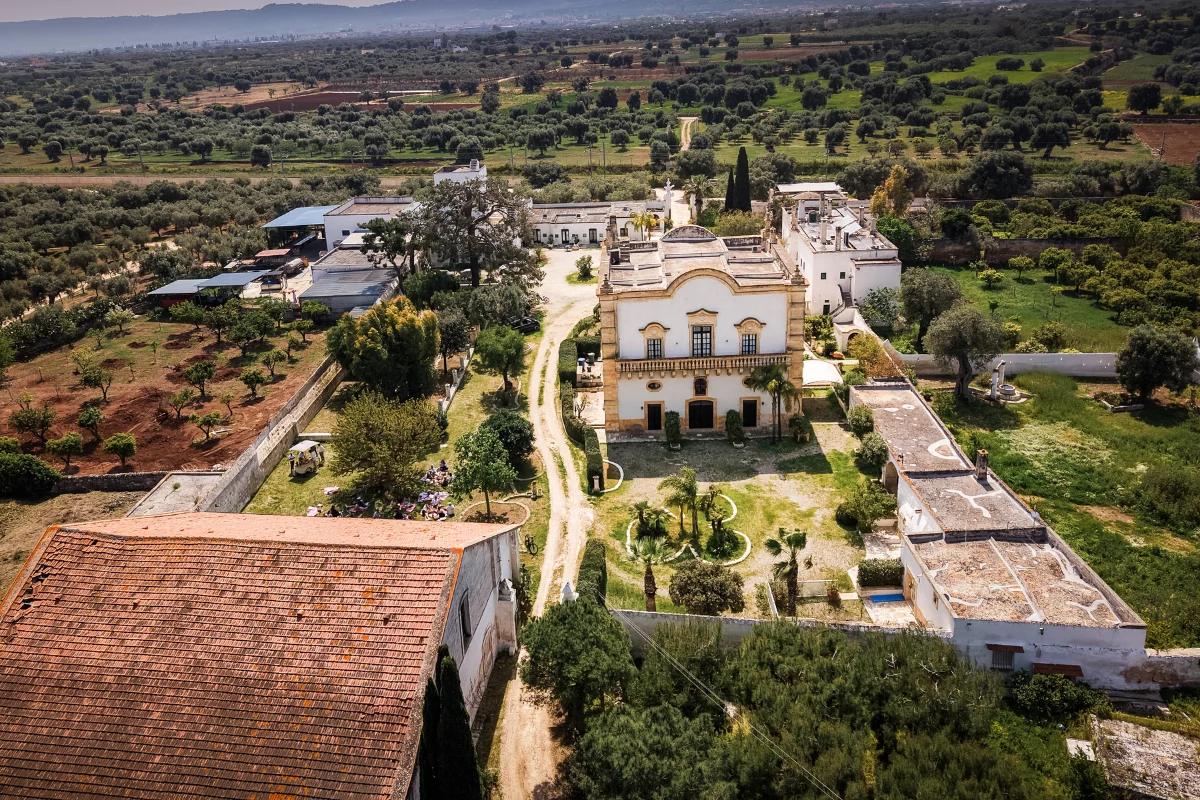 Aerial view of a historic estate surrounded by olive groves, gardens, and expansive countryside.